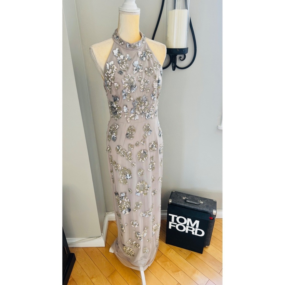 Adrianna Papell Sequin Floral High Neck Column Gown, Size‎ 8, Marble/Mauve, NWT
